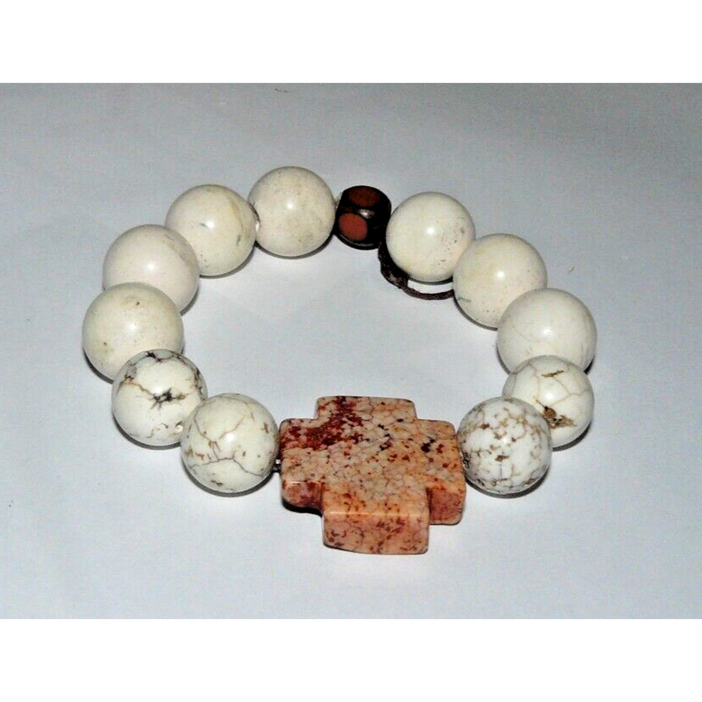 Vintage Howlite Stone Beaded Stretch Bracelet w/ Jasper Cross wood bead Unisex